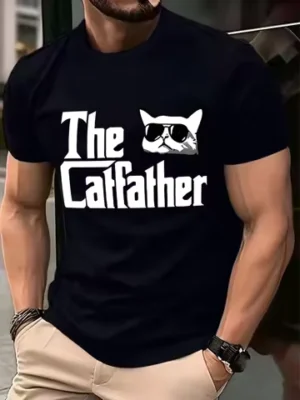 Men's Vintage The Catfather Print T-shirts Round Neck Short Sleeved Homme Camiseta Fashion Casual Cat Dad Tshirts Gifts For Male