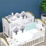 Movable Splicing Solid Wood Baby Crib, Baby Crib with Mosquito Net and Universal Wheels, Multifunctional Baby Rocking Bed