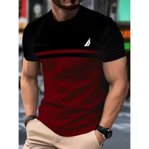 New 3D round-neck men's T-shirt, made of casual polyester knitted fabric, elastic and light, regular fit, striped pattern
