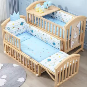 Newborn Solid Wood Crib, Movable Splicing Bed Multifunctional Baby Rocking Bed, Adjustable Guardrail Height, with Mosquito Net