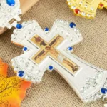 Ornate Eastern Orthodox Silver Plated Blessing Hand Cross with Red Blue Rhinestone Inlay Crucifix for Church Clergy Worship Devo