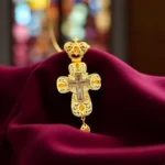 Orthodox Priest Cross Pendant Gold Plated Filigree with Yellow Gem Rhinestones Crown Top Religious Necklace Gift Box