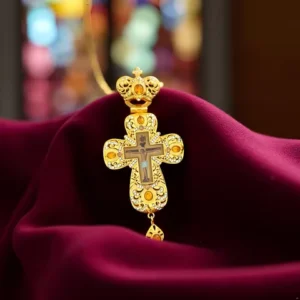 Orthodox Priest Cross Pendant Gold Plated Filigree with Yellow Gem Rhinestones Crown Top Religious Necklace Gift Box