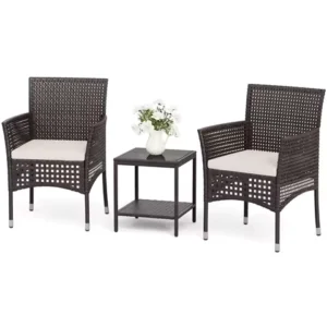 Outdoor 3 Piece Patio Furniture Set Wicker Chairs with Glass-top Coffee Table for Garden, Balcony, and Porch (Brown), Customized