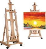 Portable Collapsible H-Frame Easel , Solid Beech Wood Large Artist Painting Easel, Tilts Flat Movable Floor Stand with 4 Wheels