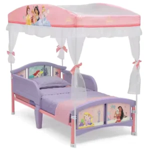 Princess Canopy Toddler Bed with Guardrails, Safe Transition from Crib to Big-Kid Bed for Ages 15 Months+