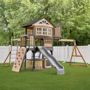 Rosewood Falls Cedar Wood Swing Set with Monkey Bars, Clubhouse, Crow's Nest, Play Kitchen, Wave Slide, Rock Wall, Belt Swings,
