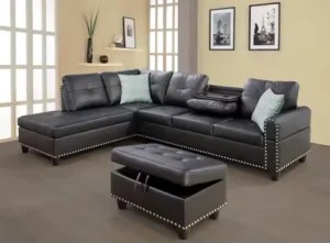 Sectional Sofa Couch, Modern 4-Seaters Living Room Furniture Sets with Chaise Lounge, Ottoman & 2 Pillows, Black