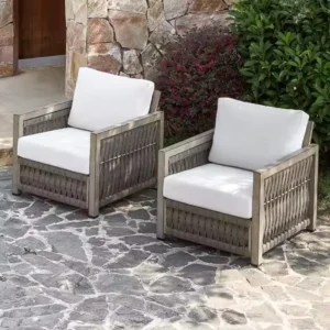 SeeHill Outdoor Chairs Set of 2, Aluminum Patio Chairs with Cushions, Rope Weave Armchairs for Garden, Porch, Gray Oak