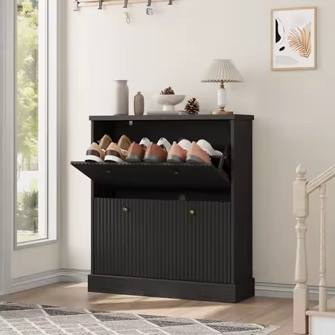Shoe Cabinet w/2 Turnover Drawers Fluted Narrow Entryway Shoe Organizer Storage, Adjustable Removable Shelves for Hallway Foyer