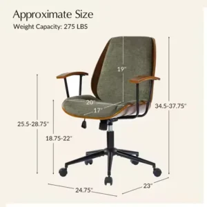 Solid Wood Office Chair with Rocking Function, Comfy Fabric Desk Chair with Bent Wood and Metal Base, Height Adjustable Swivel