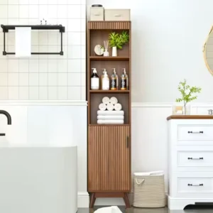 Tall Bathroom Storage Cabinet,Narrow Fluted Tower Cabinet with Door and Shelves,Slim Space Saving Storage Unit for Bathroom Kit