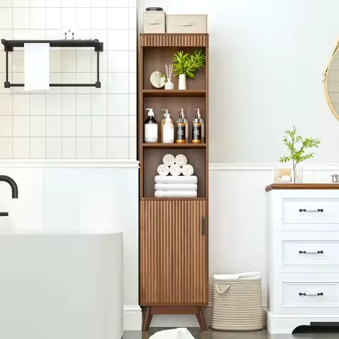 Tall Bathroom Storage Cabinet,Narrow Fluted Tower Cabinet with Door and Shelves,Slim Space Saving Storage Unit for Bathroom Kit