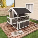 Weatherproof 2-Story Outdoor Cat House with Balcony/Ladder/Asphalt Roof, Wooden Shelter Elevated Winter Condo for Rabbit Squirre