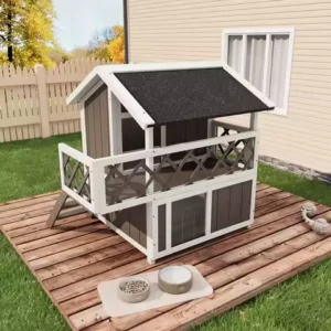 Weatherproof 2-Story Outdoor Cat House with Balcony/Ladder/Asphalt Roof, Wooden Shelter Elevated Winter Condo for Rabbit Squirre