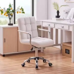 White Desk Chairs with Wheels/Armrests Modern PU Leather Office Chair Midback Adjustable Home Computer Executive Chair 360Â°