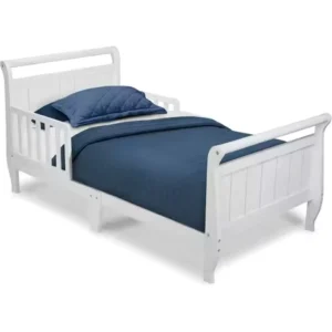 White Wooden Toddler Sleigh Bed with Safety Rails, Low Height for Easy Access, Non-Toxic Finish